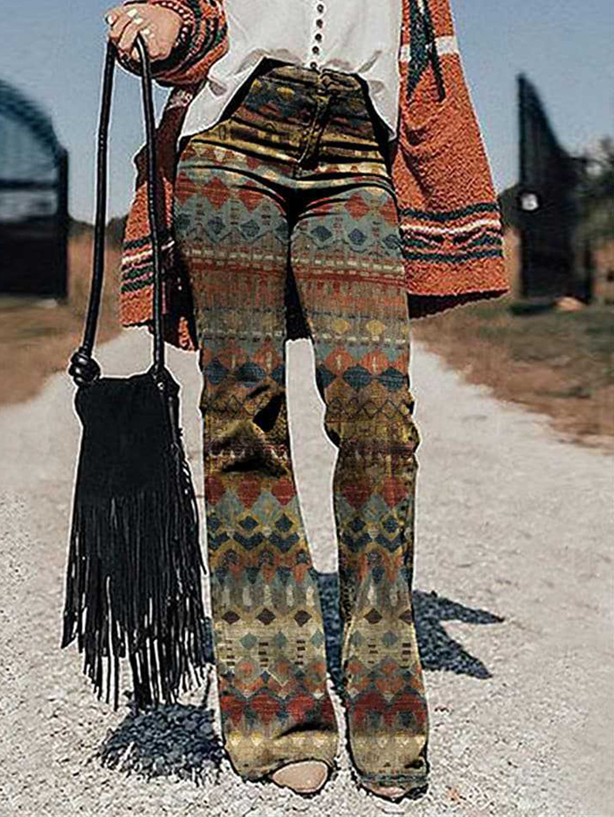 Vintage Allover Pattern High Waist Slant Pocket Flare Leg Pants