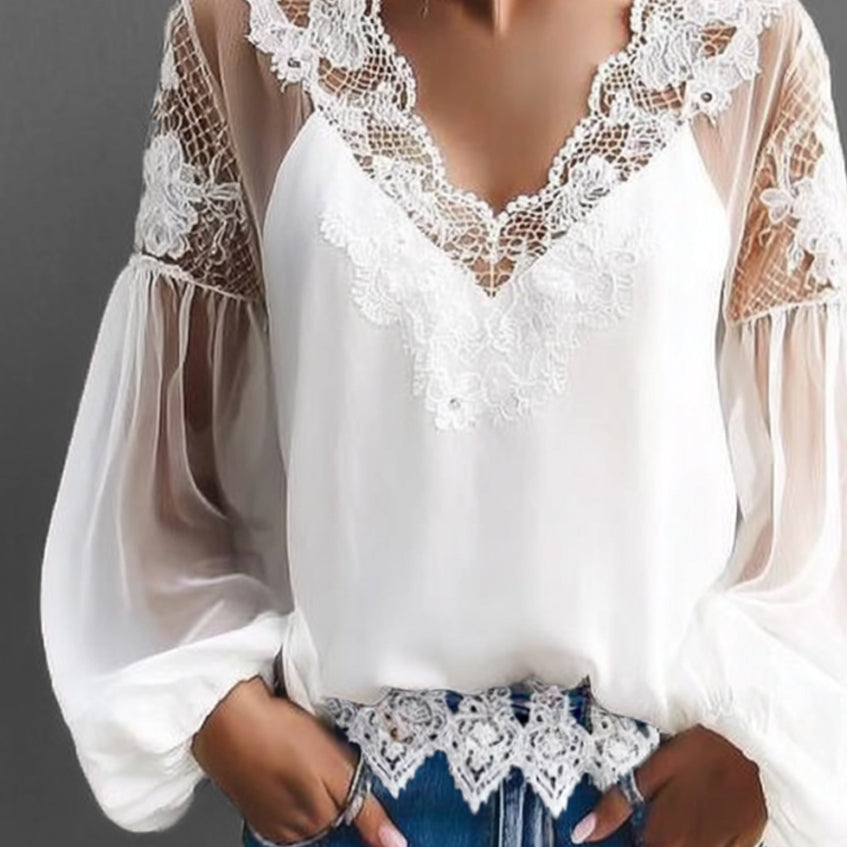 Ursiime Hollow Lace V Neck Lantern Sleeve Blouse