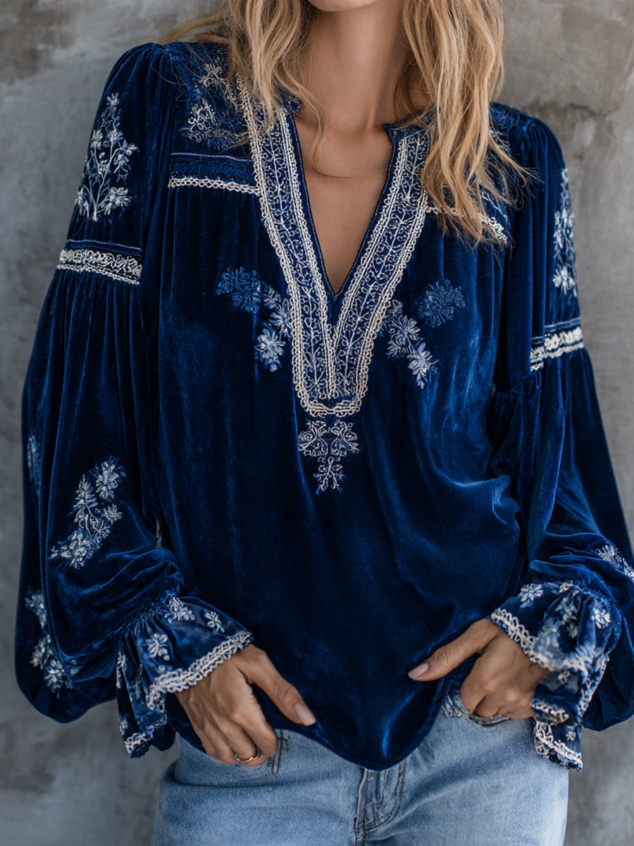 Ursiime Navy Blue Velvet V Neck Lantern Sleeve Floral Blouse