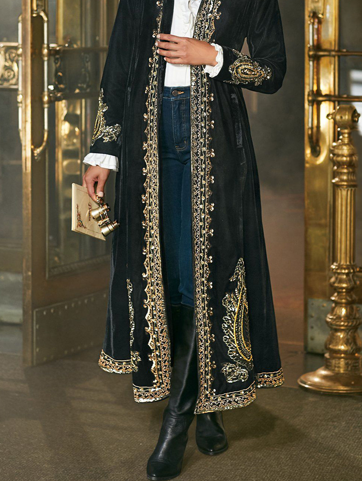 Velvet Stand Collar Geo Pattern Long Sleeve Ankle Length Coat