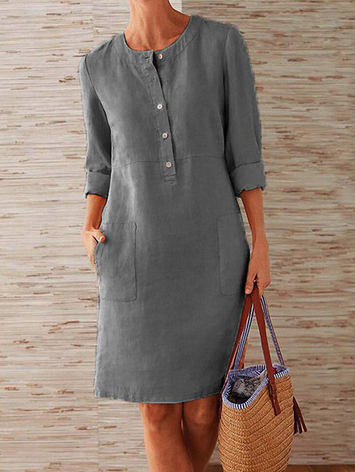 Daily Solid Half Button Long Sleeve Pocket Midi Dress