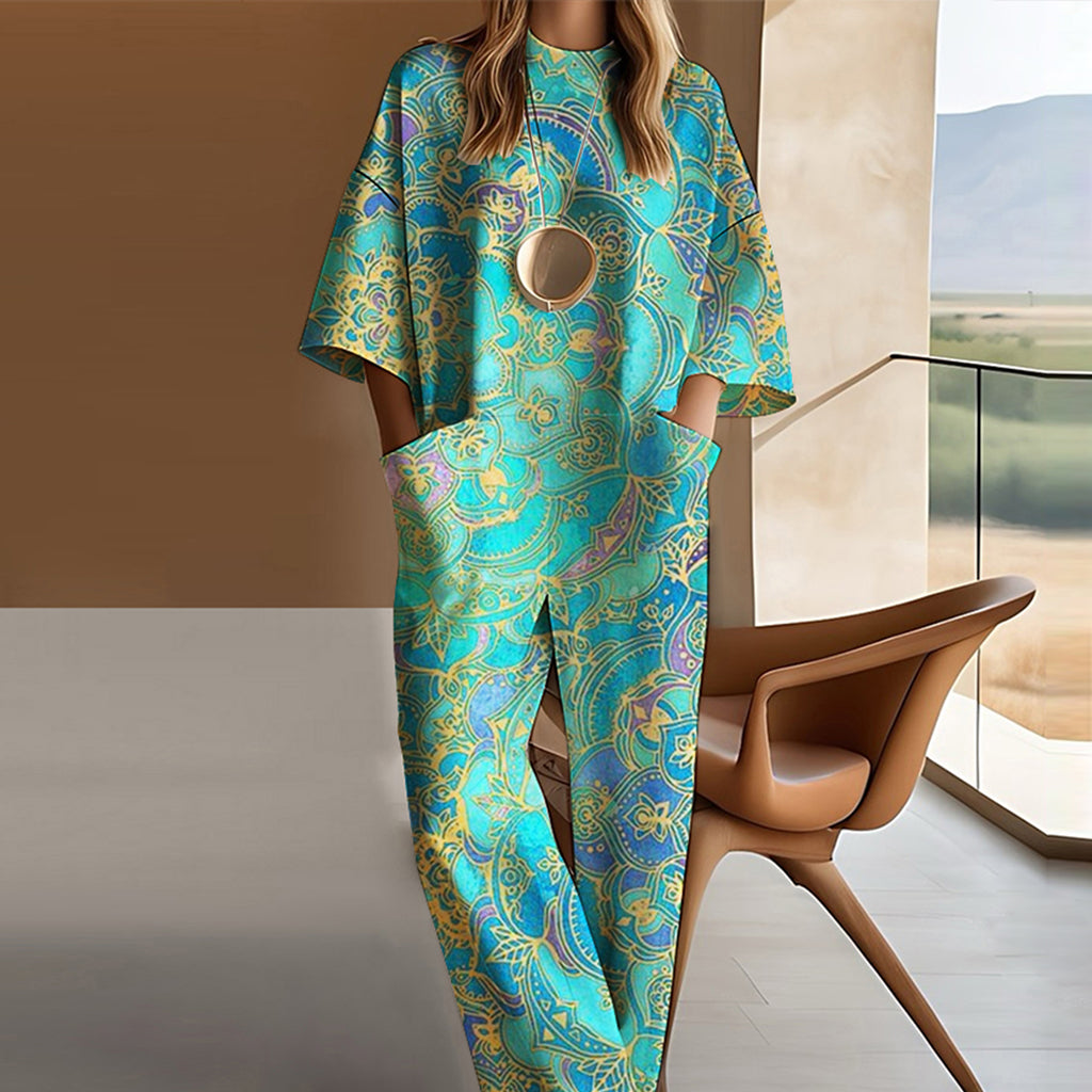 Ursiime Ethnic Patterns Drop Shoulder 3/4 Sleeve Pocket Jumpsuit