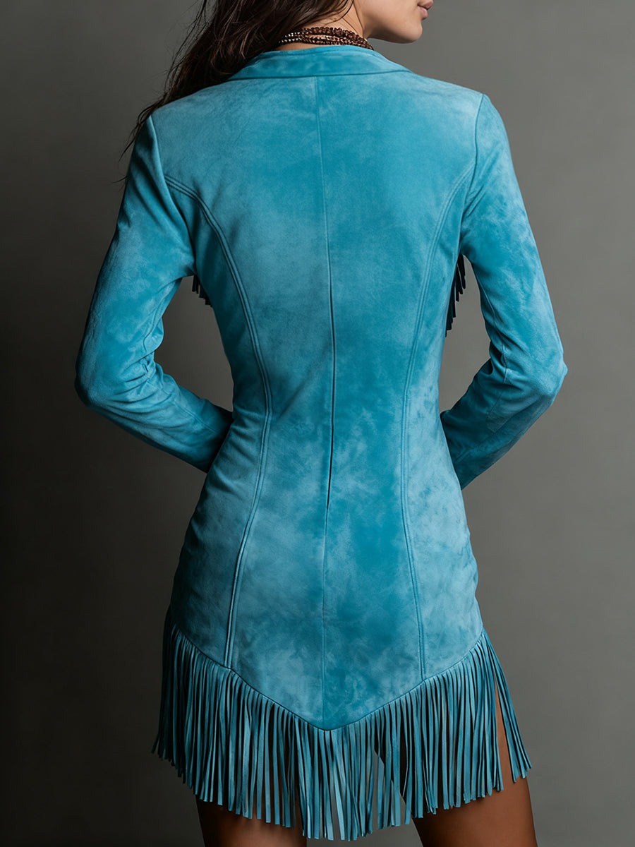 Ursiime Daily Blue V Neck Long Sleeve Strappy Western Embroidery Chamois Mini Dresses [Pre-Order]