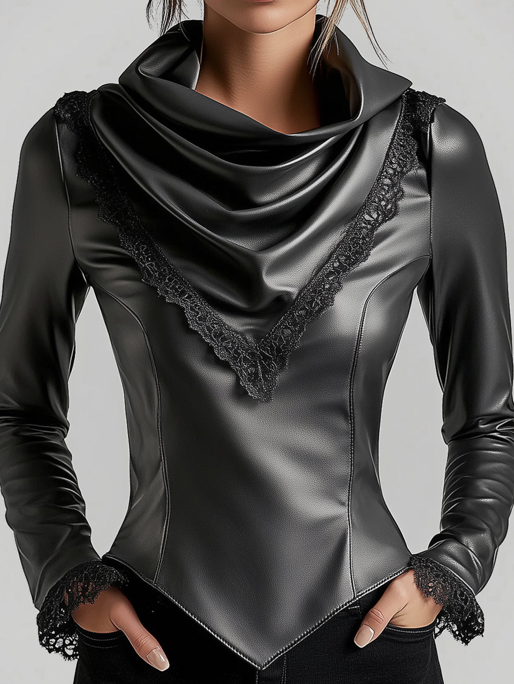 Ursiime Cowl Neck Lace Trim Long Sleeve PU Leather Blouse
