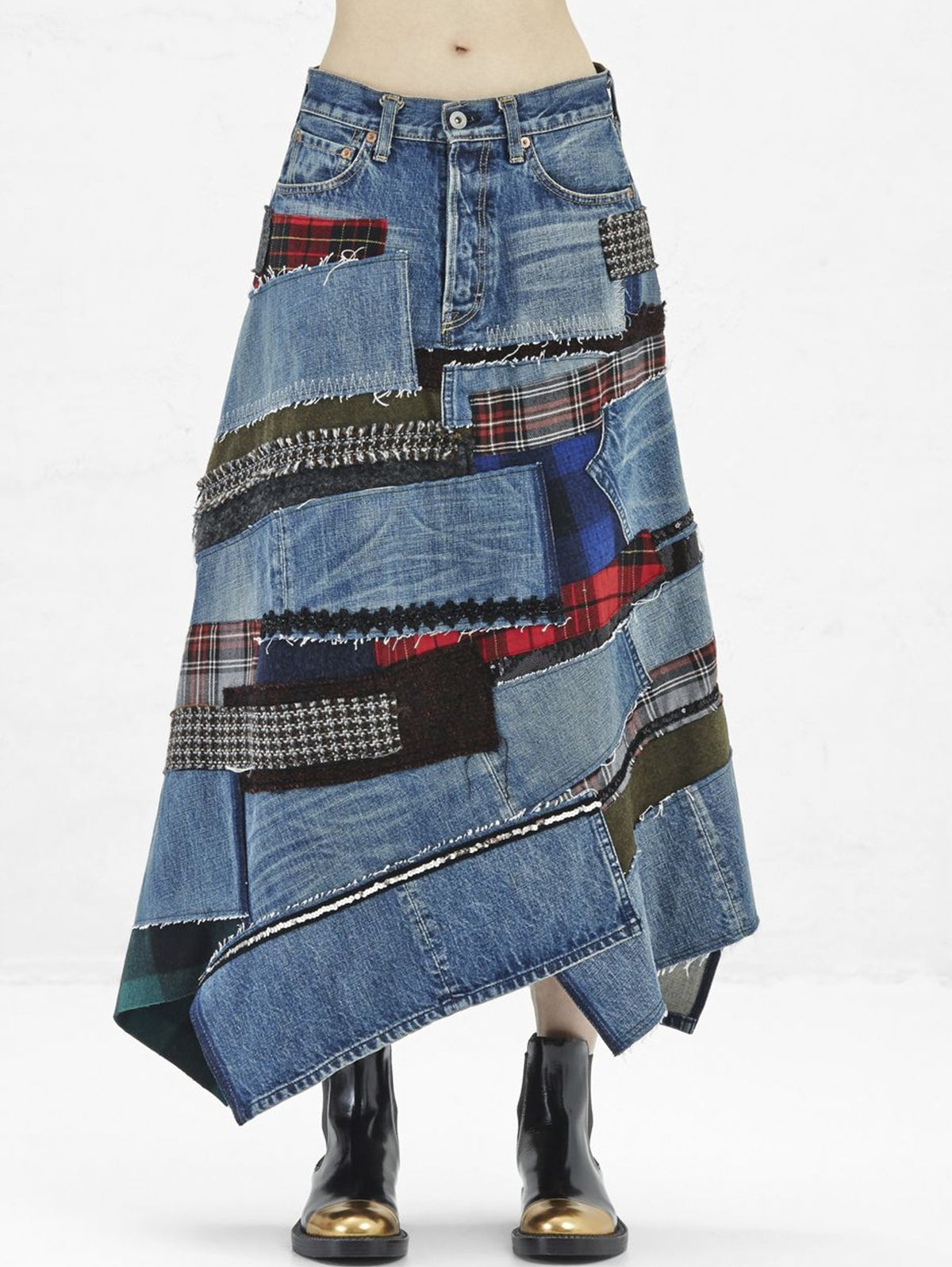 Daily Patchwork Irregular Hem Pockets Denim Print Skirts