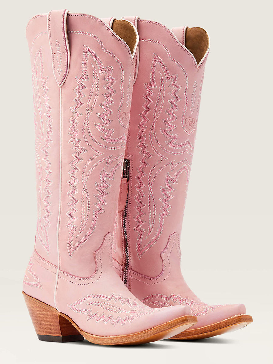 Western Yellow Brown PU Leather Leaf Stitched Patterns Pointed Toe Chunky Heel Boots