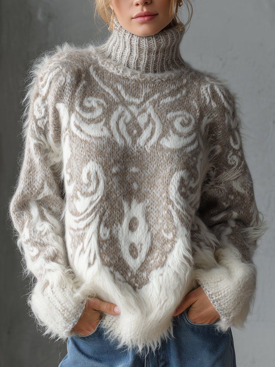 Ursiime Gray Turtleneck Long Sleeve Patterned Fuzzy Knit Sweater