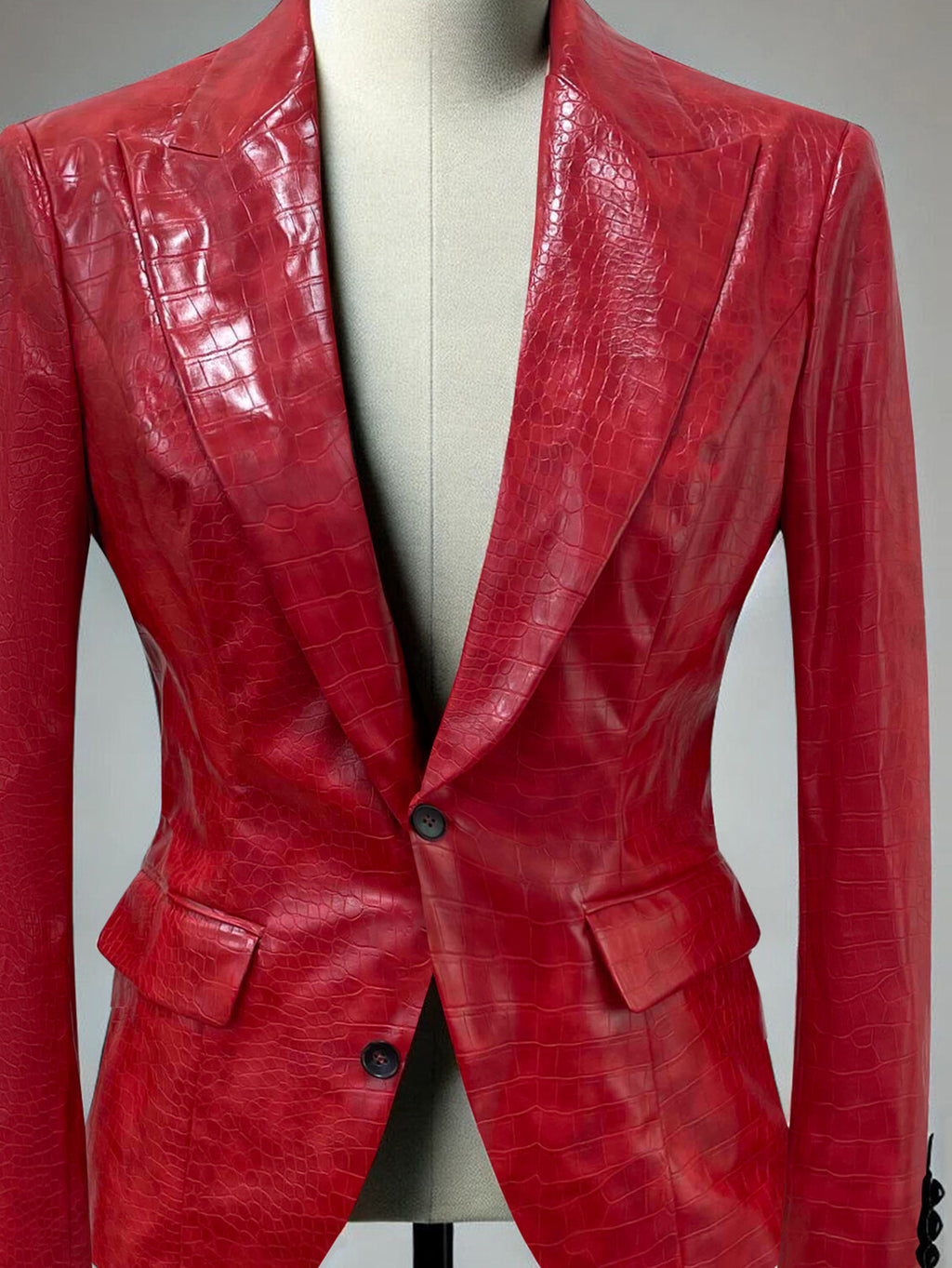 Ursiime PU Leather Crocodile Pattern Peak Lapel Two Button Blazer