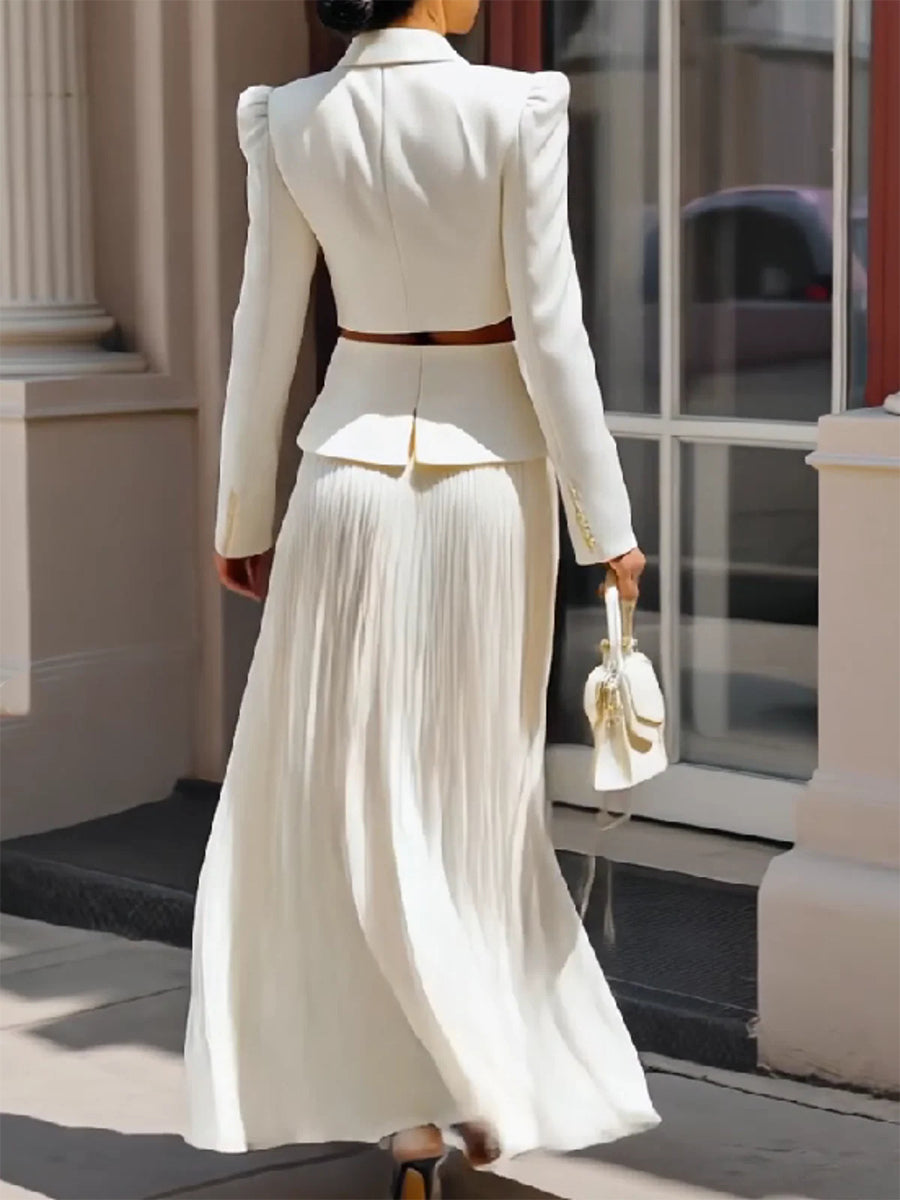 Ursiime Daily White Turndown Collar Long Sleeve Pleated Elegant Split Two Piece Skirt Sets [Pre-Order]