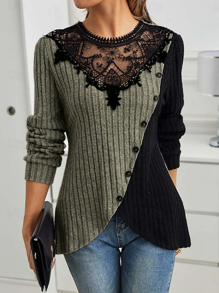 Casual Light Purple Lace Colorblock Ribbed Side Buttons Long Sleeve Blouse