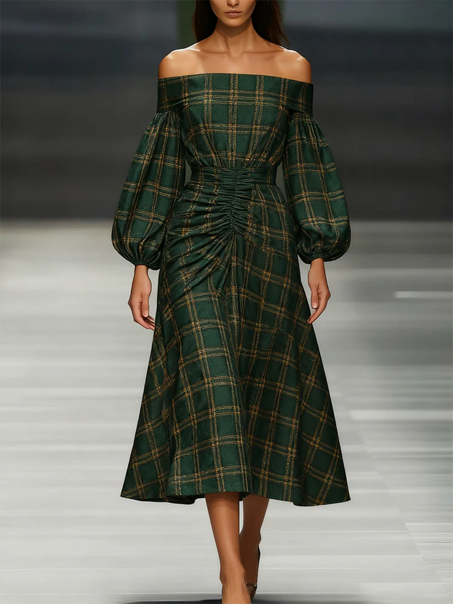 Ursiime Christmas Green Plaid Off The Shoulder Lantern Sleeve Long Sleeve Fold Elegant Midi Dresses [Pre-Order]