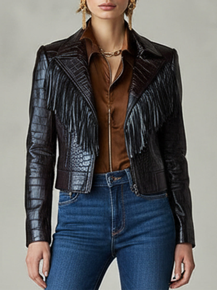 Ursiime Business Casual Black Turndown Collar Long Sleeve Strappy Casual PU Leather Jacket