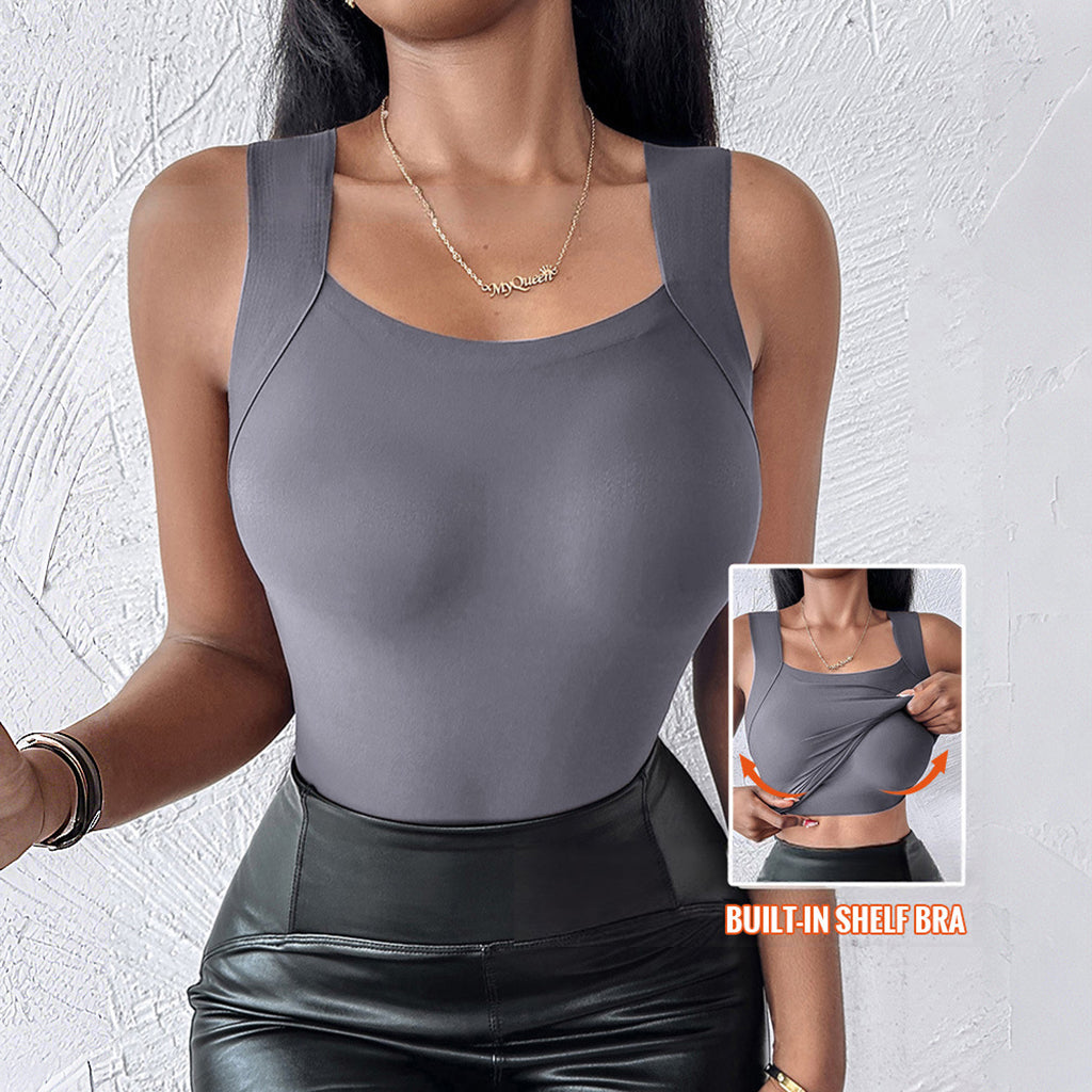 Casual U Neck Wide Strap Sleeveless Build-in Bra Tank Top