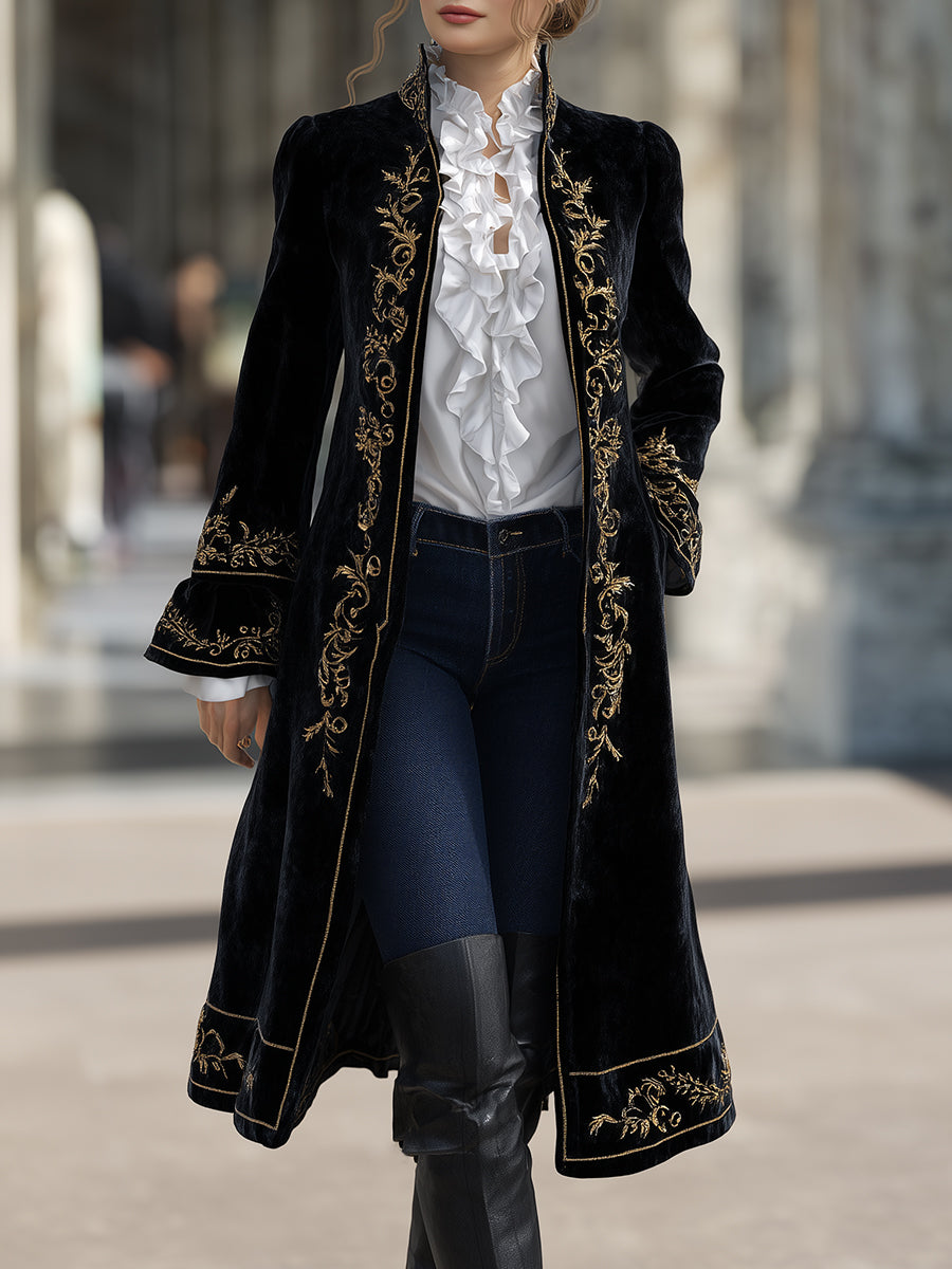 Ursiime Vintage Black Velvet Floral Embroidery Flare Sleeve Long Coat