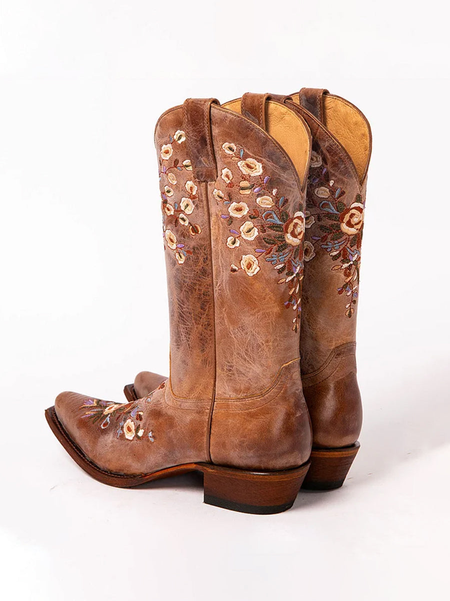 Western Brown PU Leather Floral Embroidery Square Toe Boots