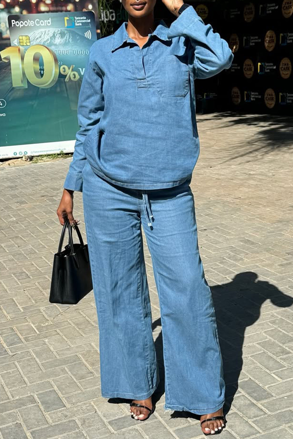 Ursiime Design Business Casual Blue Shirt Collar Long Sleeve Pocket Casual Tencel Denim Two Piece Pant Sets [Pre-Order]