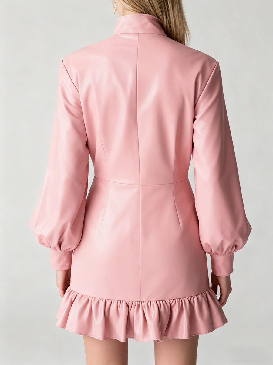 Ursiime Daily Pink High Collar Lantern Sleeve Long Sleeve Ruffle Casual Pocket PU Leather Mini Dresses
