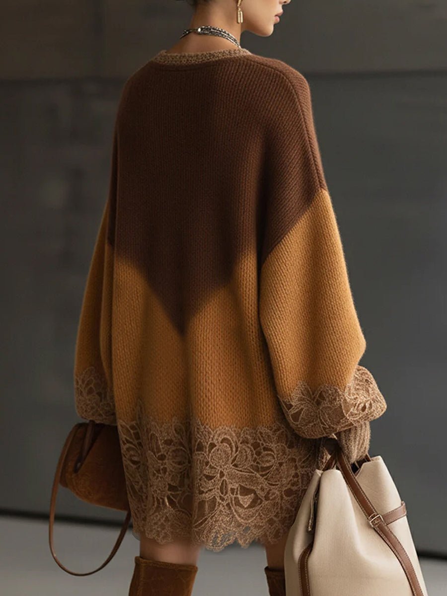 Ursiime Party Lace Brown Colorblock V Neck Lantern Sleeve Long Sleeve Contrast Boho Knitted Mini Dresses