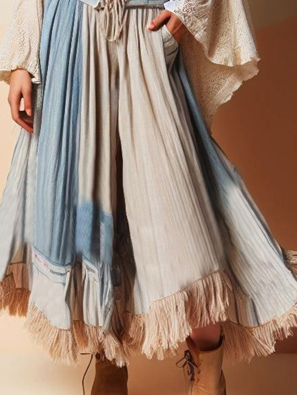 Casual Color Block Layered Fringe Pocket Wide Leg Pants