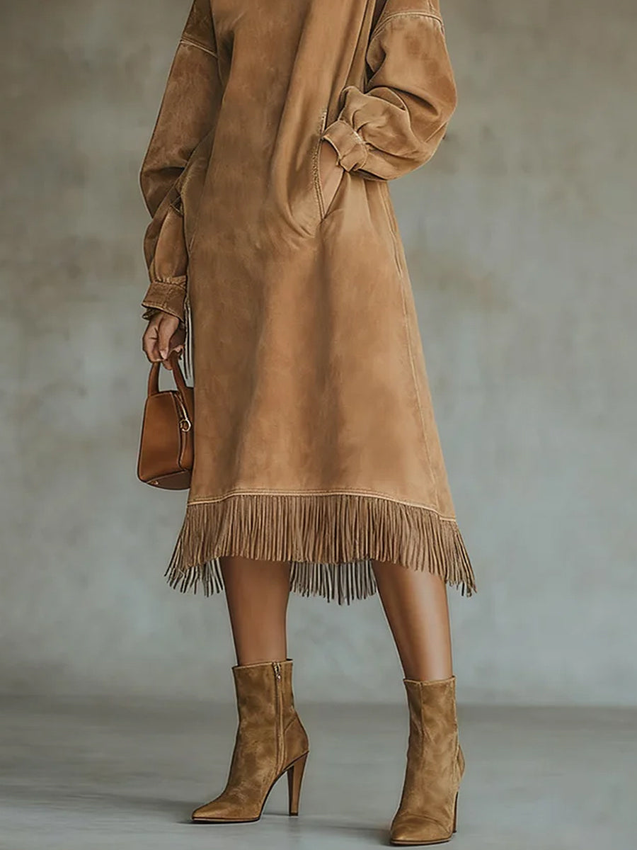 Ursiime Festival Brown High Collar Long Sleeve Strappy Vintage Pocket Chamois Midi Dresses