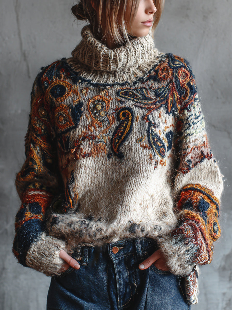 Ursiime Daily Mohair Beige Paisley High Collar Long Sleeve Vintage Crochet Sweaters