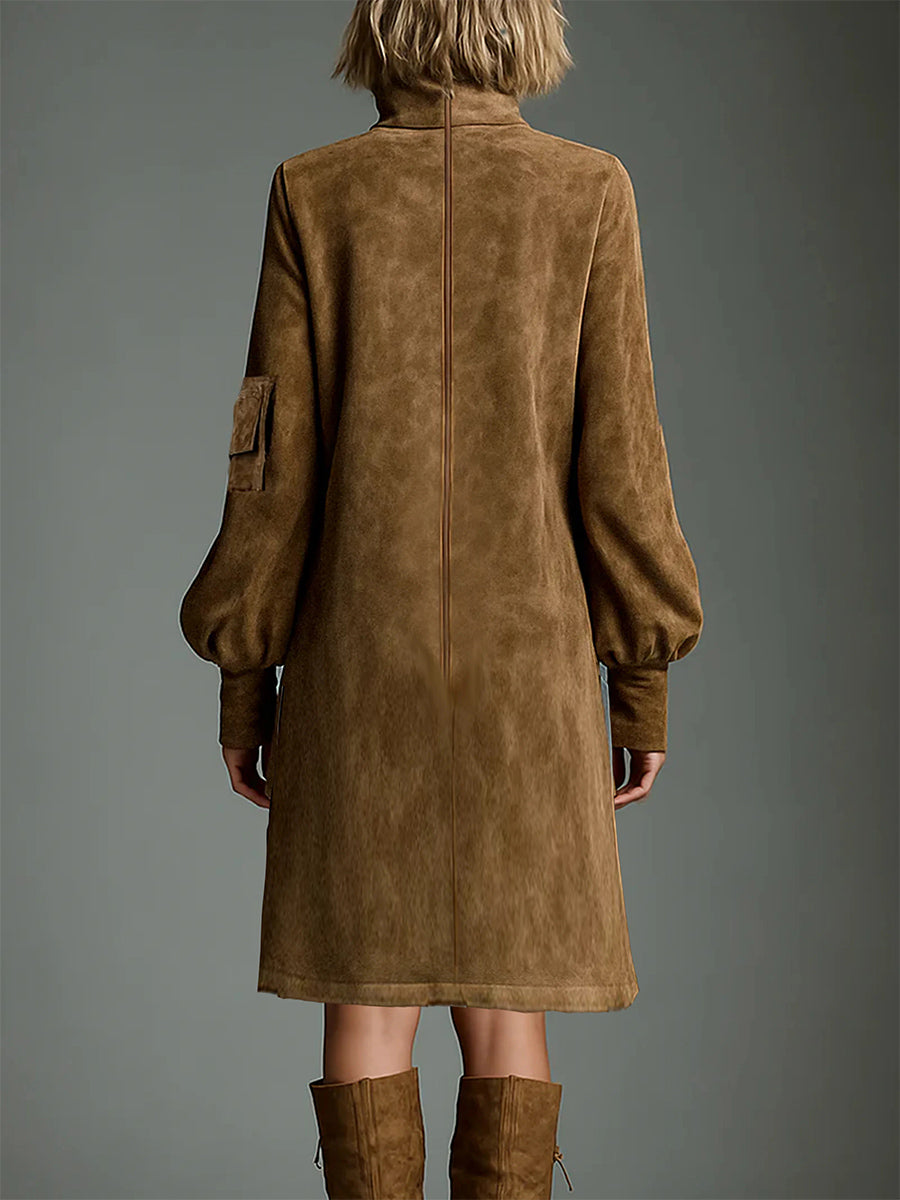 Ursiime Business Casual Brown High Collar Long Sleeve Pocket Casual Midi Dresses