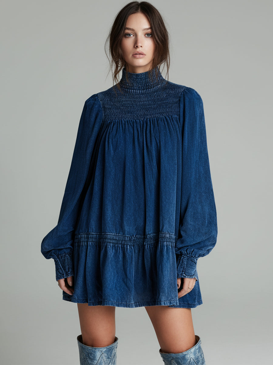 Ursiime Daily Blue Mock Neck Lantern Sleeve Long Sleeve Smocking Casual Denim Mini Dresses