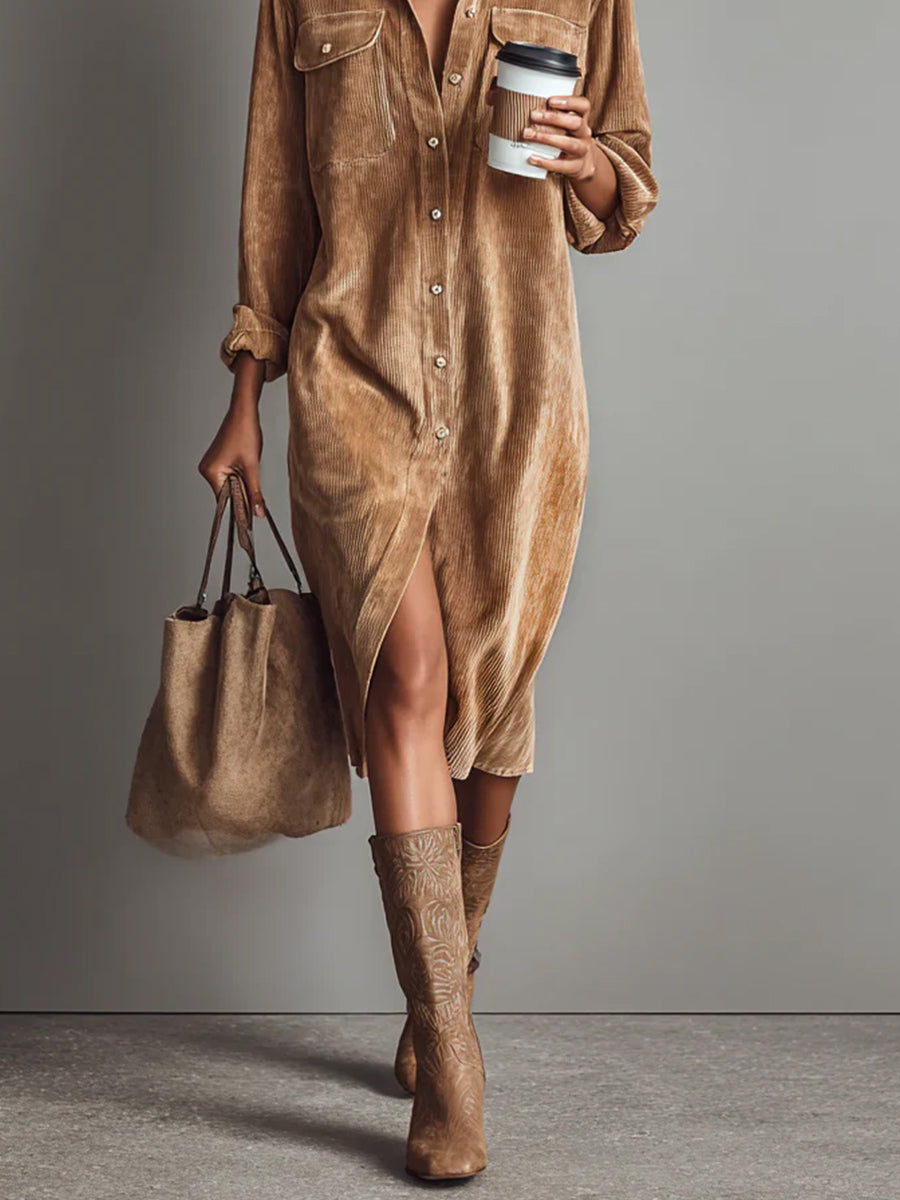 Daily Brown Shirt Collar Long Sleeve Split Casual Pocket Corduroy Midi Dresses
