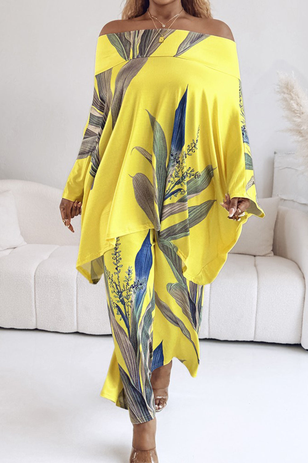 Ursiime Design Vacation Yellow Tropical Print Off The Shoulder Pocket Casual Two Piece Pant Sets [Pre-Order]