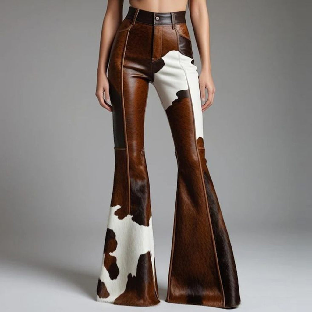 Western Cow Pattern PU Leather High Waist Bell Bottom Pants