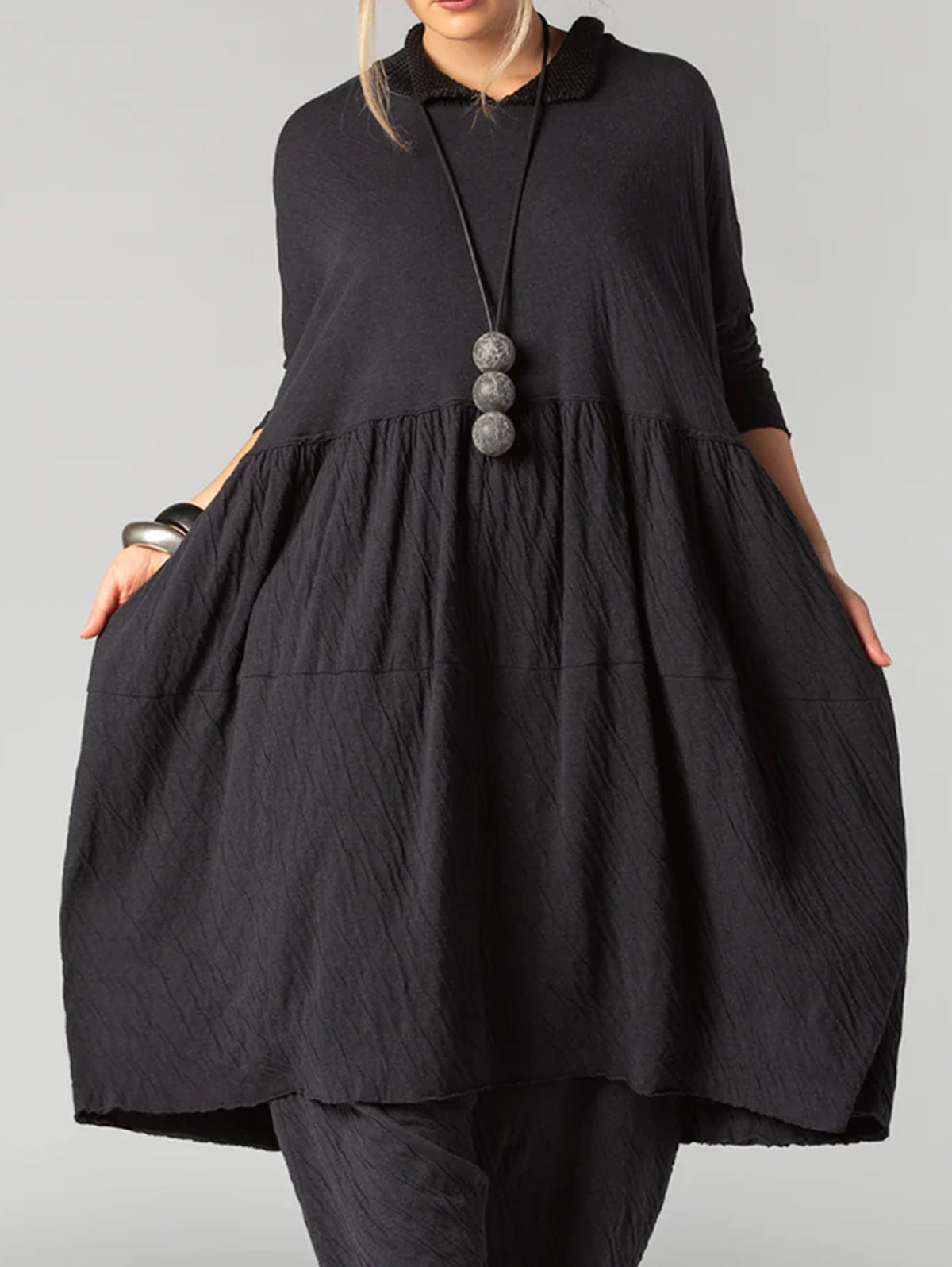 Casual Textured Plain Doll Collar Long Sleeve Midi Dress