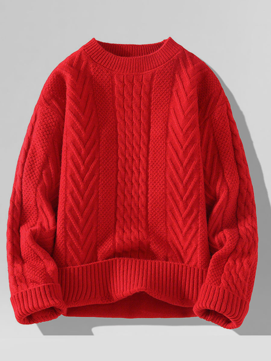 Casual White Oversized Cable Knit Crew Neck Long Sleeve Sweater