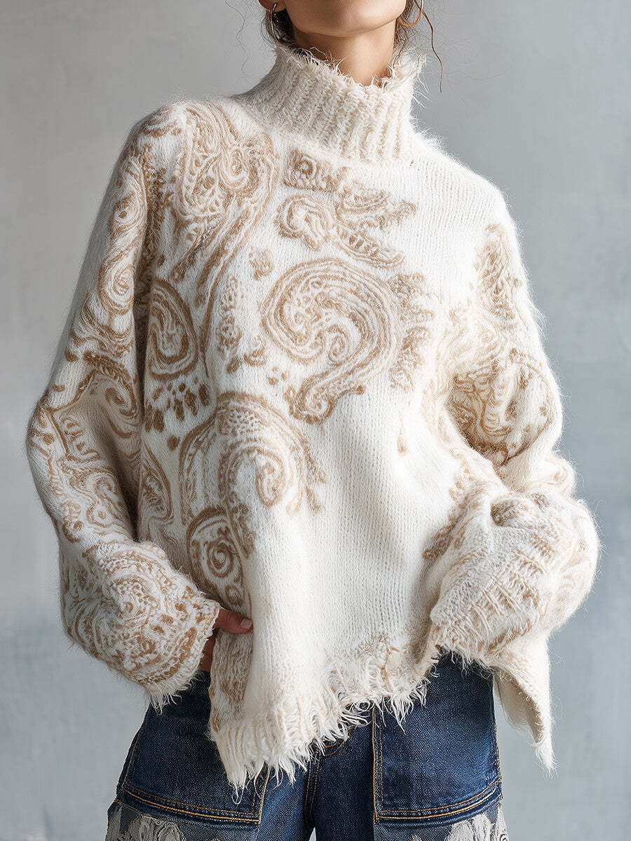 Ursiime Casual Beige High Neck Paisley Pattern Long Sleeve Raw Edge Sweater