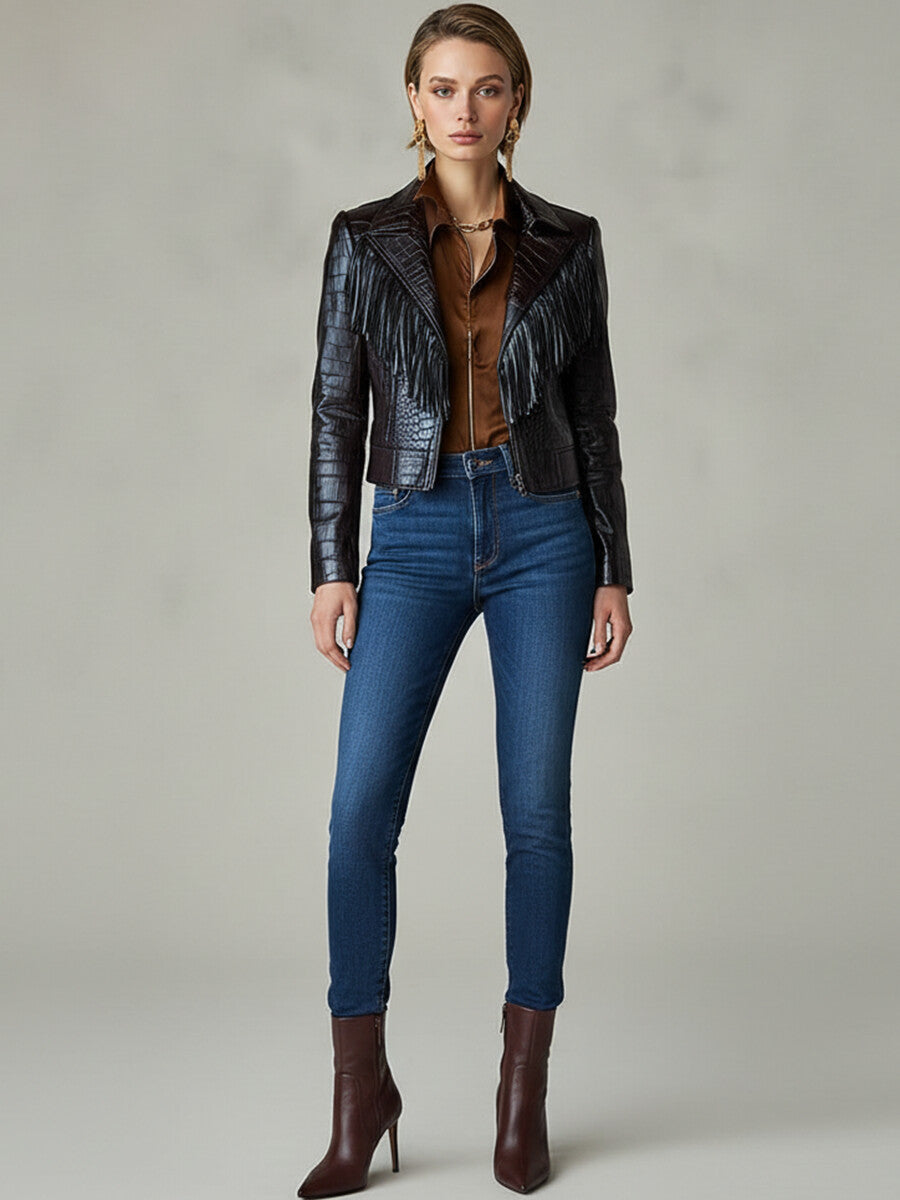 Ursiime Business Casual Black Turndown Collar Long Sleeve Strappy Casual PU Leather Jacket