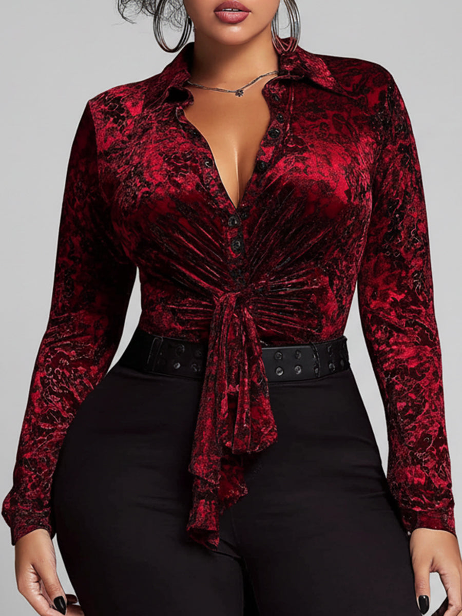 Ursiime Daily Burgundy Shirt Collar Long Sleeve Wrap Casual Button Short Velvet Blouses