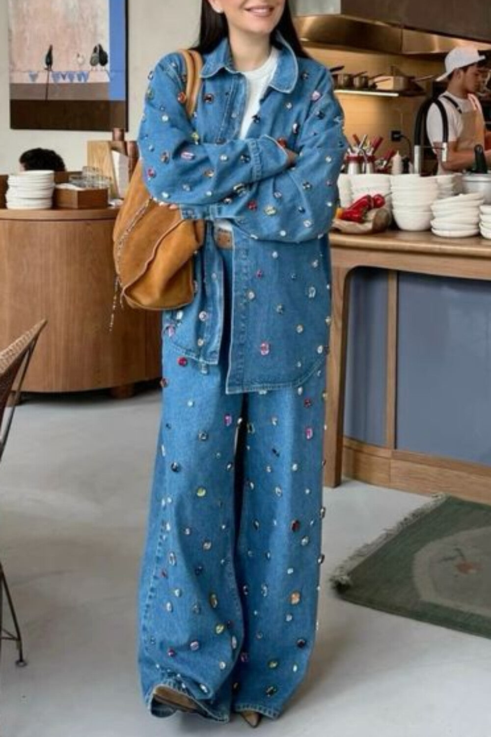 Ursiime Design Party Blue Shirt Collar Long Sleeve Drilling Casual Denim Jacket [Pre-Order]