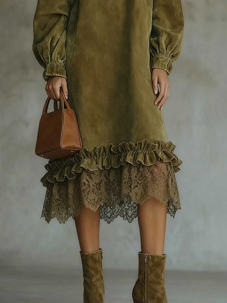 Ursiime Daily Lace Army Green High Collar Lantern Sleeve Long Sleeve Ruffle Casual Chamois Midi Dresses [Pre-Order]