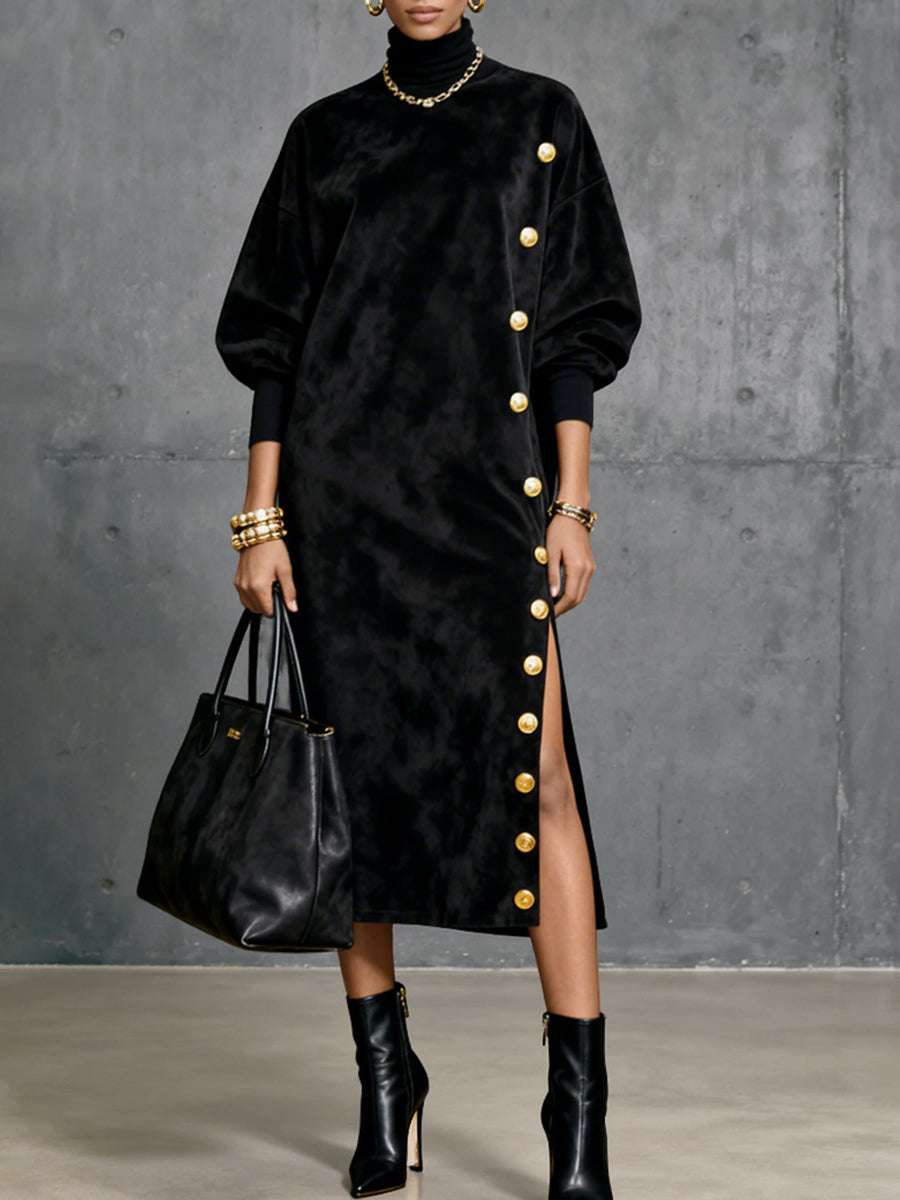 Ursiime Evening Gowns Black High Collar Lantern Sleeve Long Sleeve Button Elegant Velvet Midi Dresses