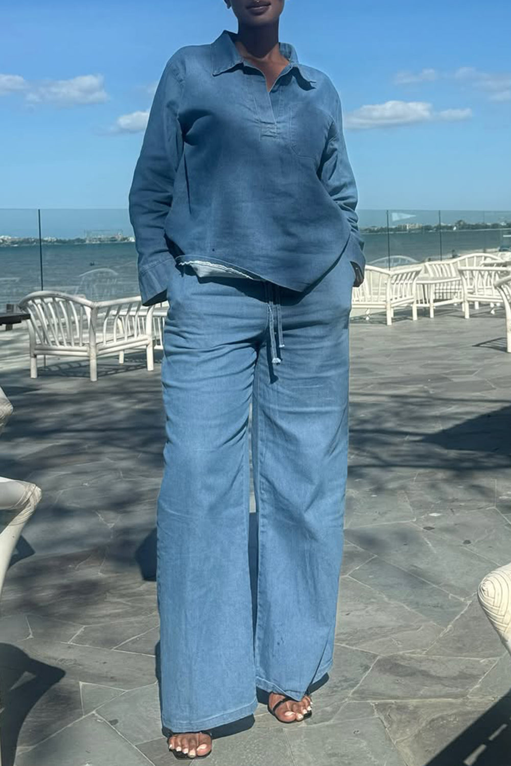 Ursiime Design Business Casual Blue Shirt Collar Long Sleeve Pocket Casual Tencel Denim Two Piece Pant Sets [Pre-Order]