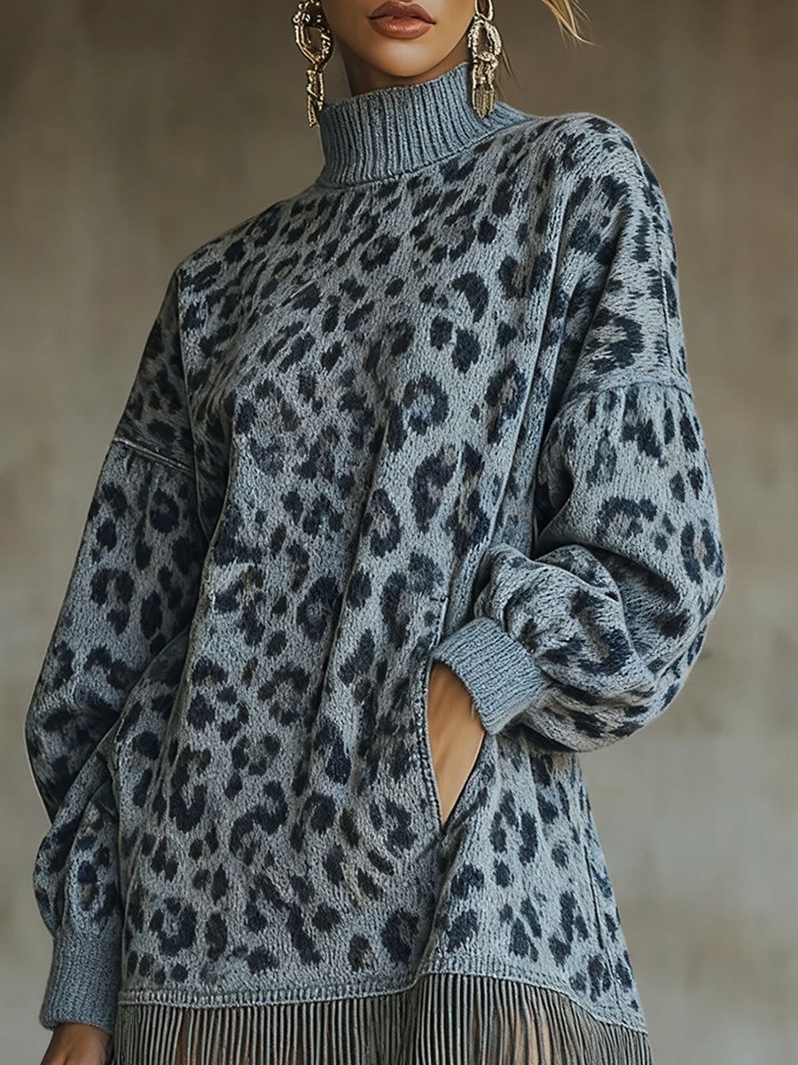 Ursiime Daily Grey Leopard High Collar Lantern Sleeve Long Sleeve Strappy Casual Pocket Knitted Mini Dresses [Pre-Order]