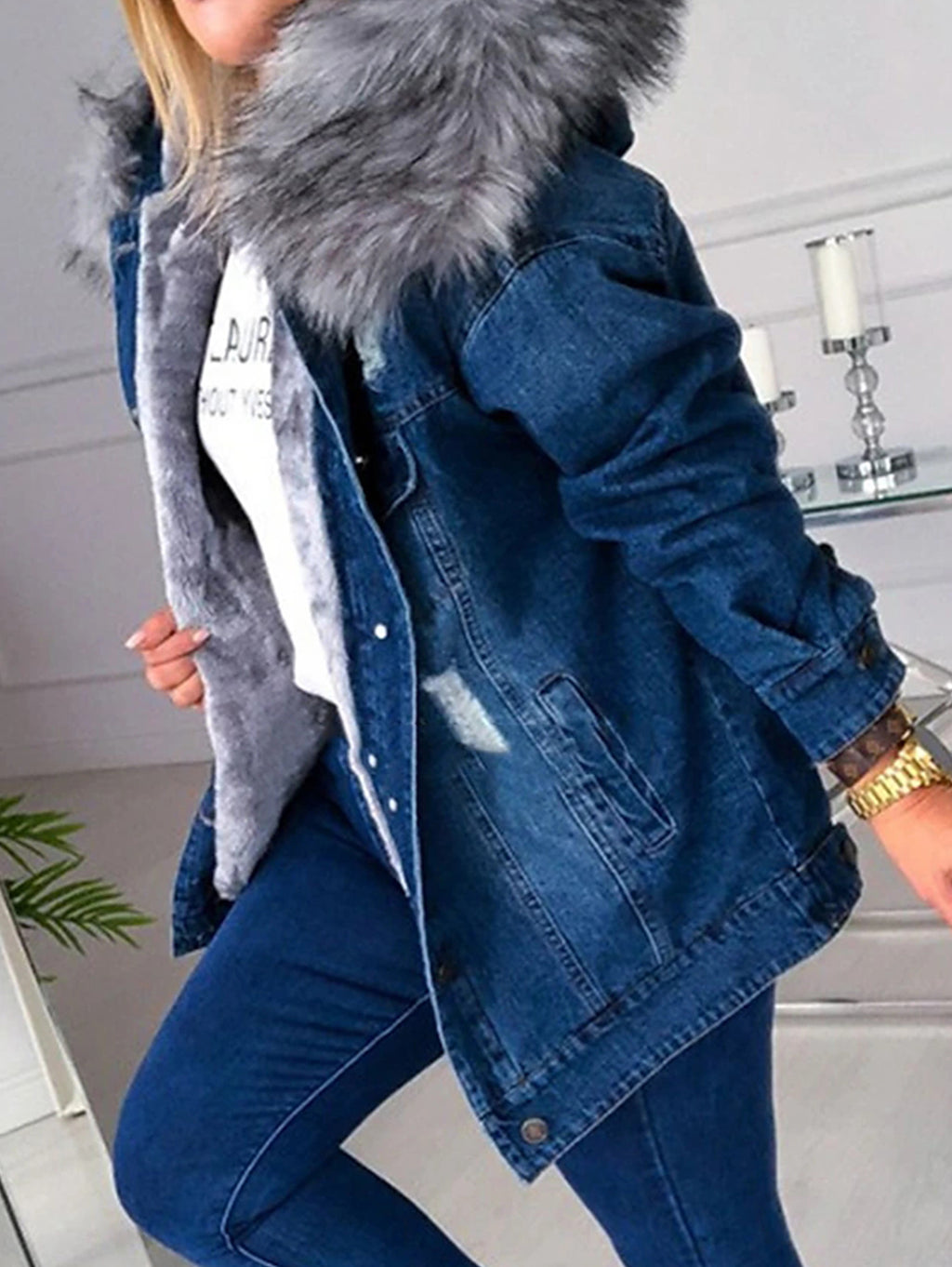 Plush Long Sleeve Single Breasted Pockets Denim Coat