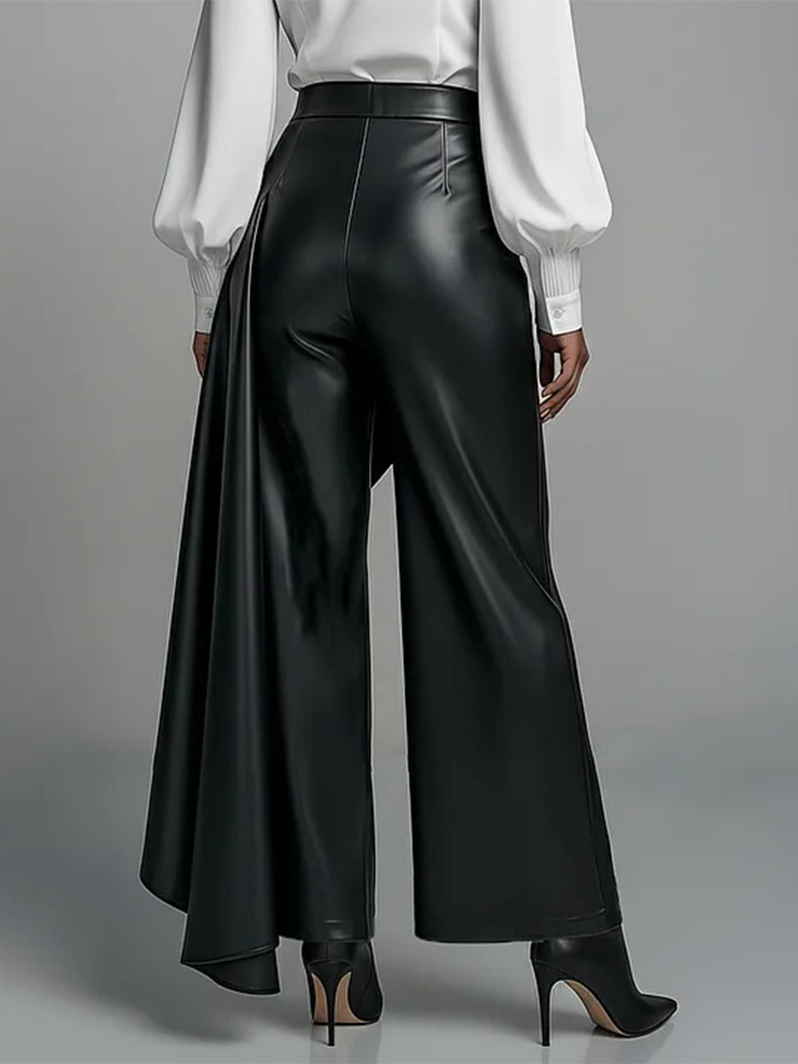 Ursime Daily Black Irregular Hem Casual Ruffle PU Leather Pants [Pre-Order]