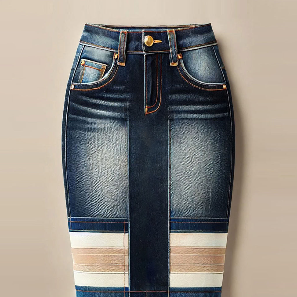 Ursiime High Rise Contrast Striped Denim Raw Edge Midi Skirt