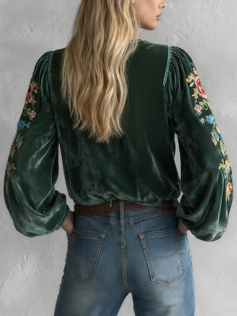 Ursiime Dark Green Velvet Floral Print Lace-Up V Neck Lantern Sleeve Blouse