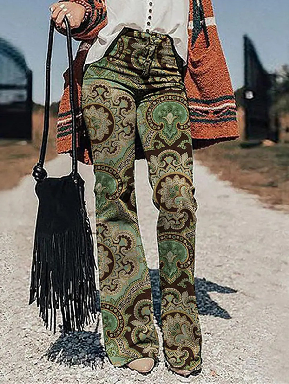 Vintage Allover Pattern High Waist Slant Pocket Flare Leg Pants