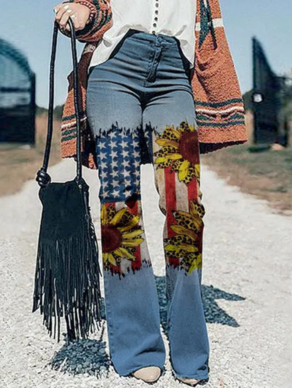 Casual High-rise Floral Pattern Flare Leg Jeans