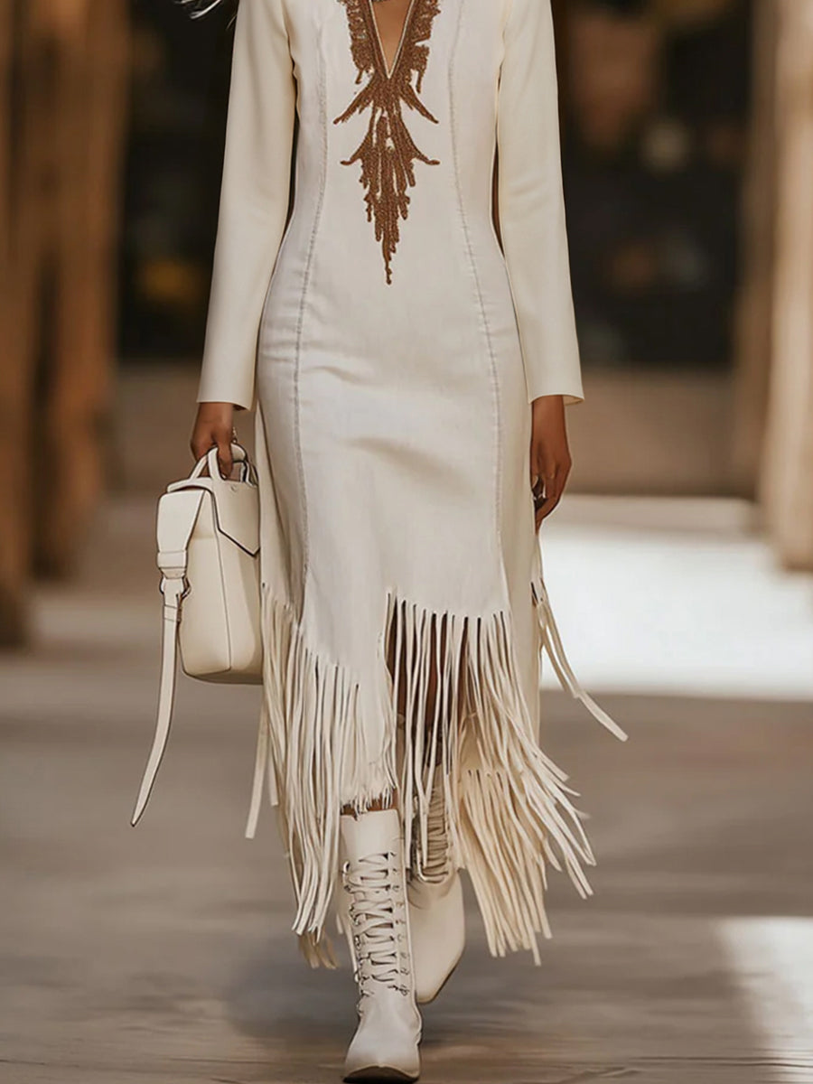 Ursiime White Deep V Neck Printed Long Sleeve Asymmetrical Fringe Hem Maxi Dress