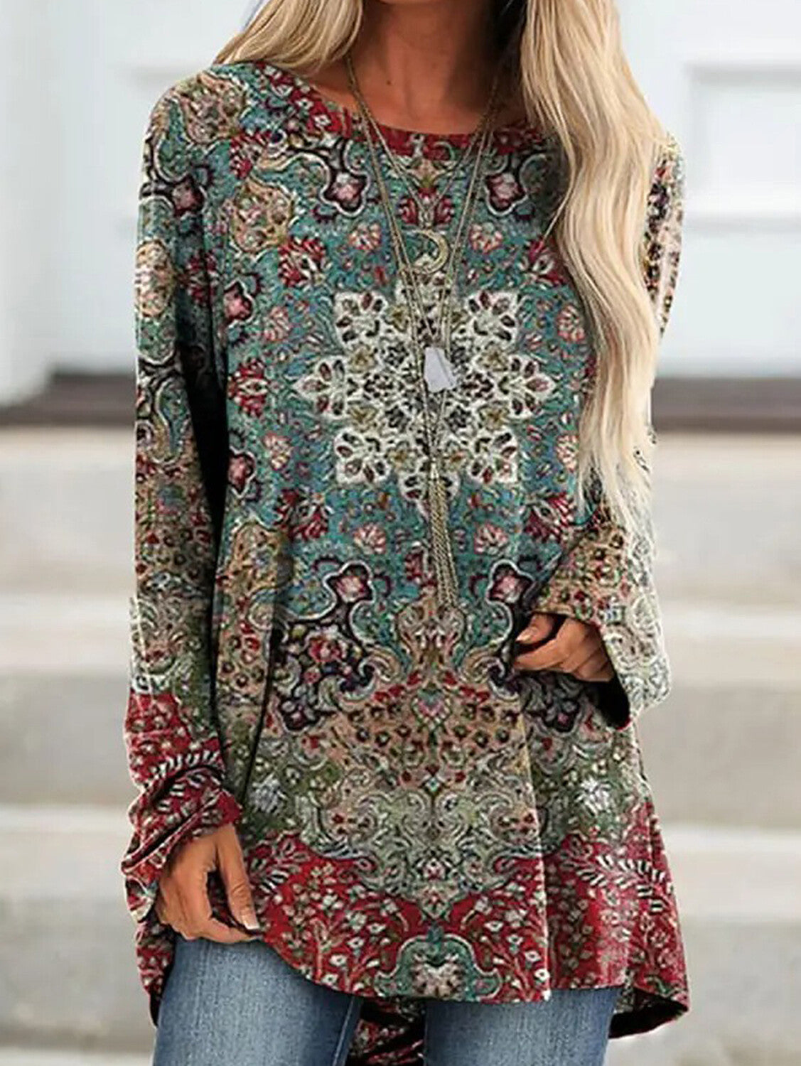 Ethnic Retro Print Crew Neck Long Sleeve T-Shirt