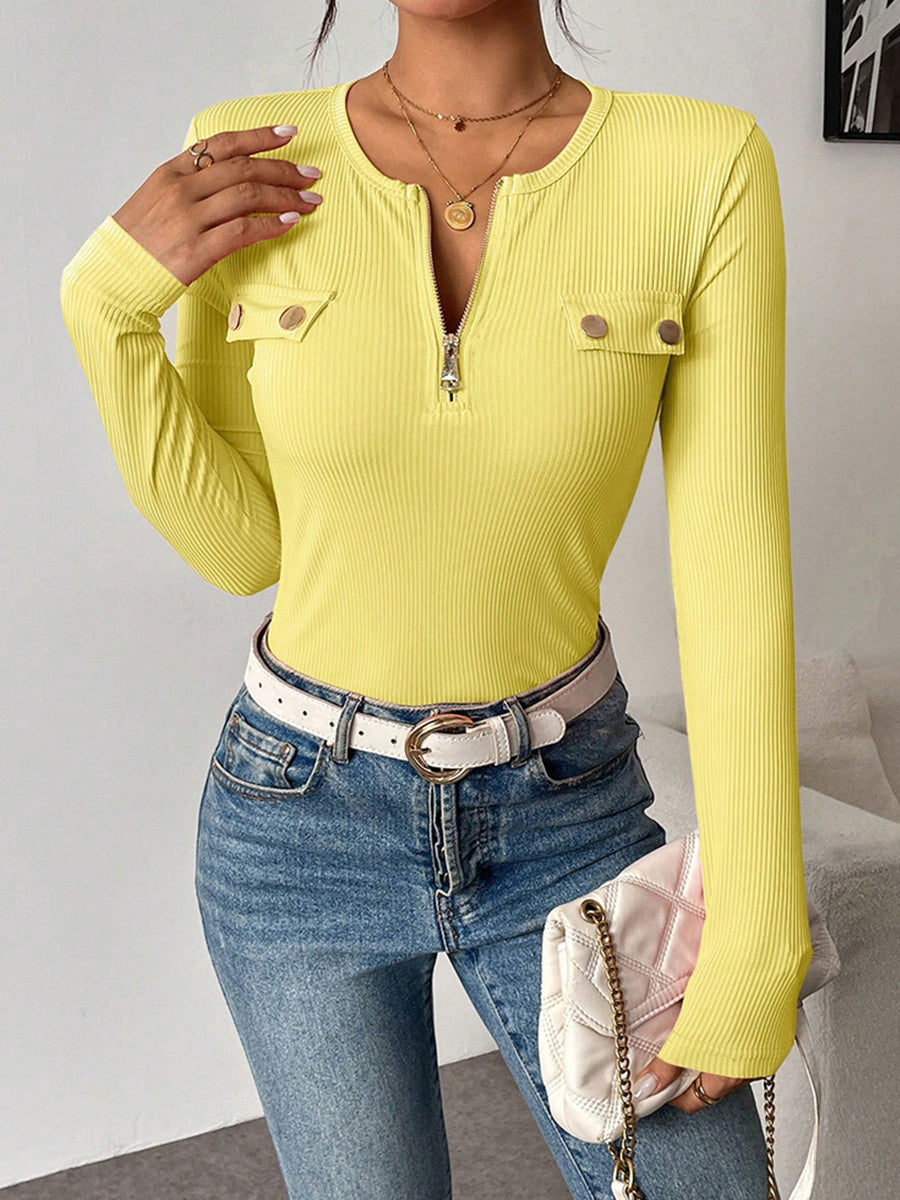 Casual White Ribbed Knit Half-Zip Button Decor Long Sleeve Top
