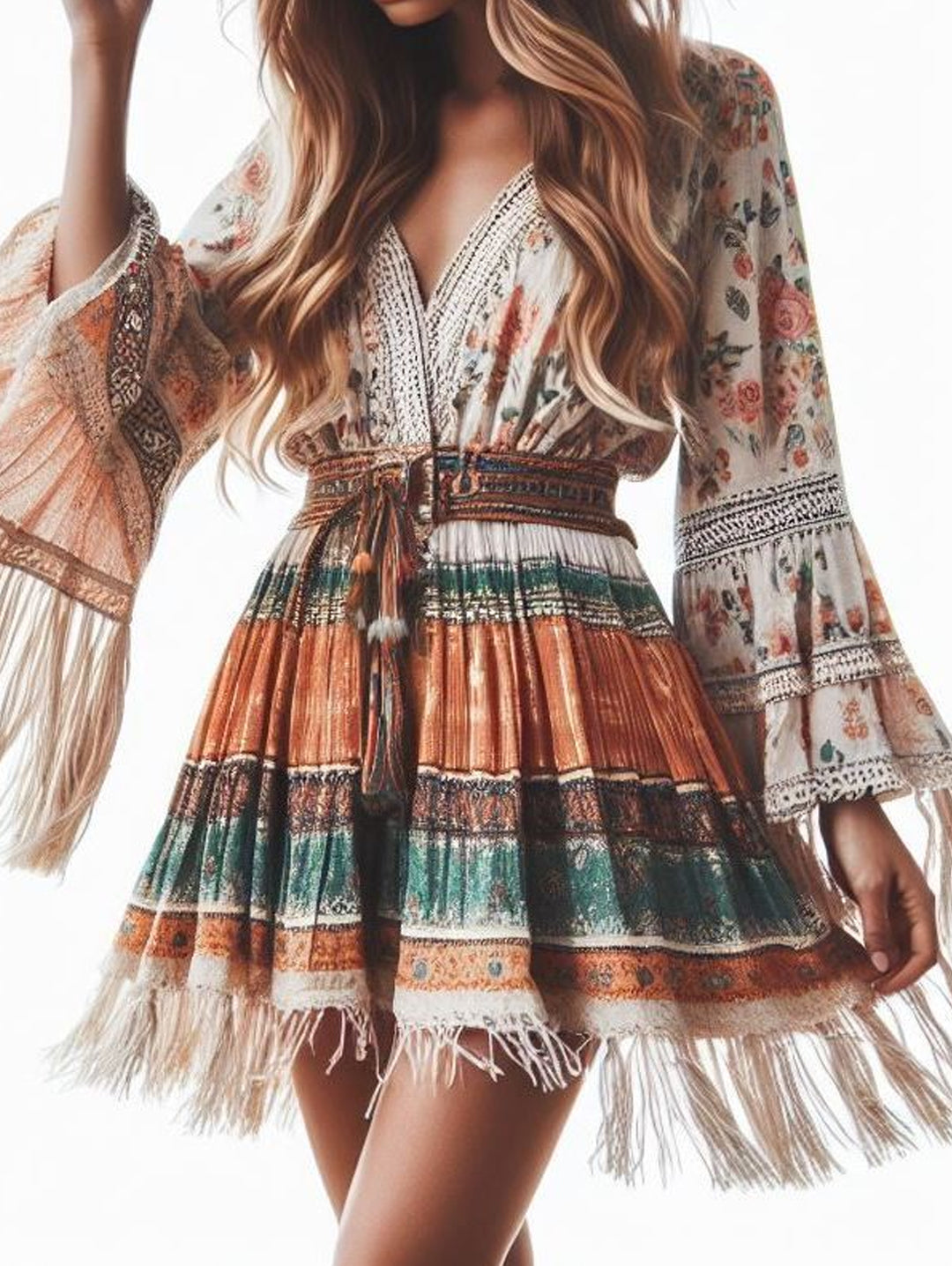 Boho Floral Patchwork Lace Up Flare Sleeve Fringe Mini Dress